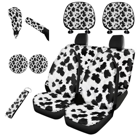 Garronmavis Black Cow Point Print Breathable Car Seat Covers Full Set 11 Pcs for Women Men with Auto Headrest Covers Handbrake Gear Shift Knob Cover Auto Cup Coaster Wristlet Keychain