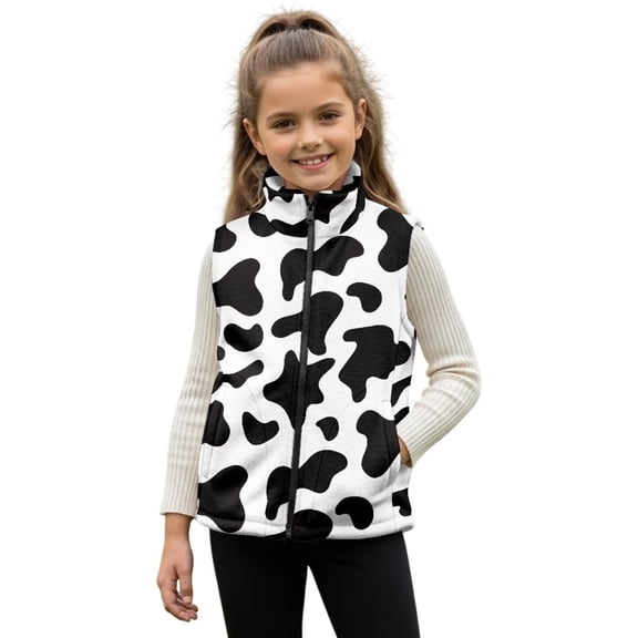Garronmavis Black Cow Print Kids Zip Up Vest 11-12 Stylish Boys Zippered Vests Stand Collar Warm Lightweight Winter Coat with Pocket Wind Proof Fall Winter Warm Sleeveless Outerwear