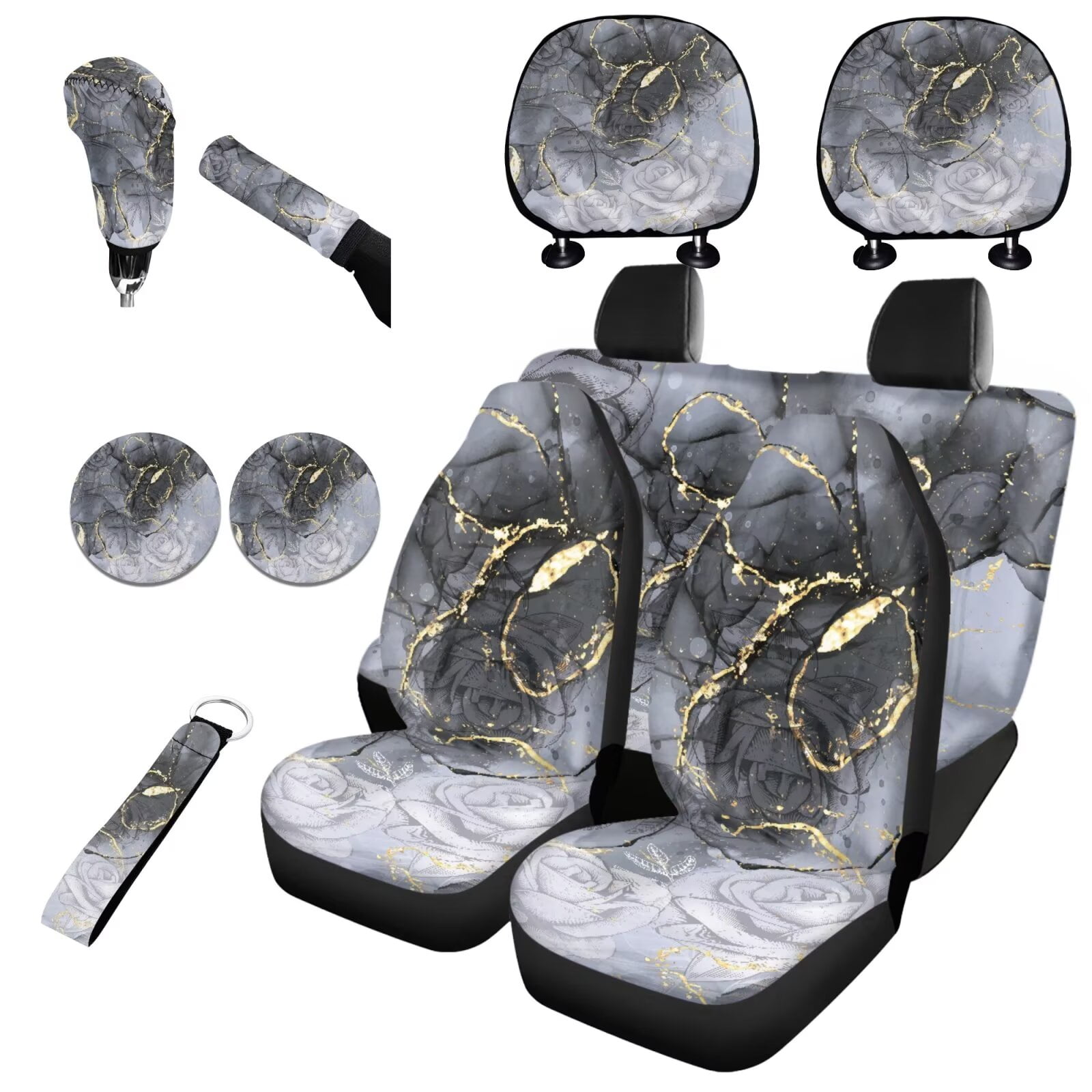 Garronmavis Black Gold Marble Car Seat Covers Full Set Accessories Auto Set of 11 with Cars Headrest Protectors+Lanyards Key Ring+Auto Cup Coaster+Handbrake Gear+Shift Knob Cover