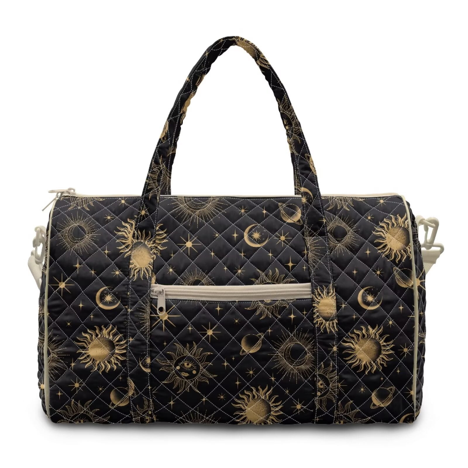 Garronmavis Black Gold Sun Moon Print Large Quilted Duffle Bag for Women, Weekender Travel Bag Carry On Overnight Bag, Cute Gym Dance Tote with Zipper Pockets