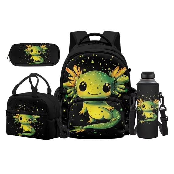 Garronmavis Black Green Cartoon Axolotl Printed Backpack Kit, 17 Inch Kawaii Amphibian School Bag Set with Insulated Lunch Container, Pencil Holder and Water Bottle Cover