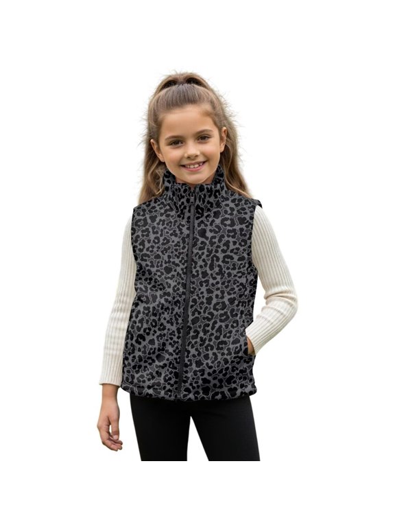 Black Leopard Print Zippered Vest Comfortable Winter Lightweight Sleeveless Jacket with Pocket Versatile Sleevless Fall Winter Warm Outerwear With Pockets for Girls 9-10