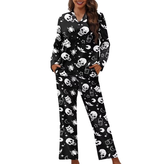 Garronmavis Black Skull Womens Pajama Set 2 Piece Long Sleeve Button Down Sleepwear Soft Comfy Loungewear Pjs Set for Women Halloween Costume