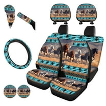 Garronmavis Blue Boho Horse Car Seat Cover of 11 Pcs with Steering Wheel Cover, Gear Shift Cover, Handbrake Cover, Headrest Cover and Cup Coasters Easy to Install Fit for Most of Cars