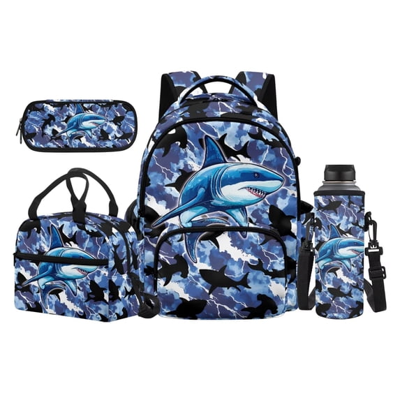 Garronmavis Blue Camo Lightning Ocean Shark 4PCS School Backpack Set, 17 Inch Cool Boys Daypack with Insulated Lunch Bag, Pencil Pouch and Water Bottle Holder for Sea Animal Lovers
