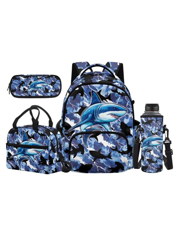 Blue Camo Lightning Ocean Shark 4PCS School Backpack Set, 17 Inch Cool Boys Daypack with Insulated Lunch Bag, Pencil Pouch and Water Bottle Holder for Sea Animal Lovers