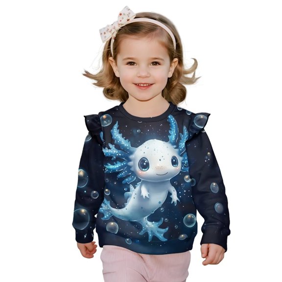 Garronmavis Blue Cute Axolotl Long Sleeve Pullover 8T Soft Girls Pullover Crewneck Sweatshirt Loose Ruffle Long Sleeve Girls Top Fashion Girl's Graphic Shirts Top Versatile for Cooler Days