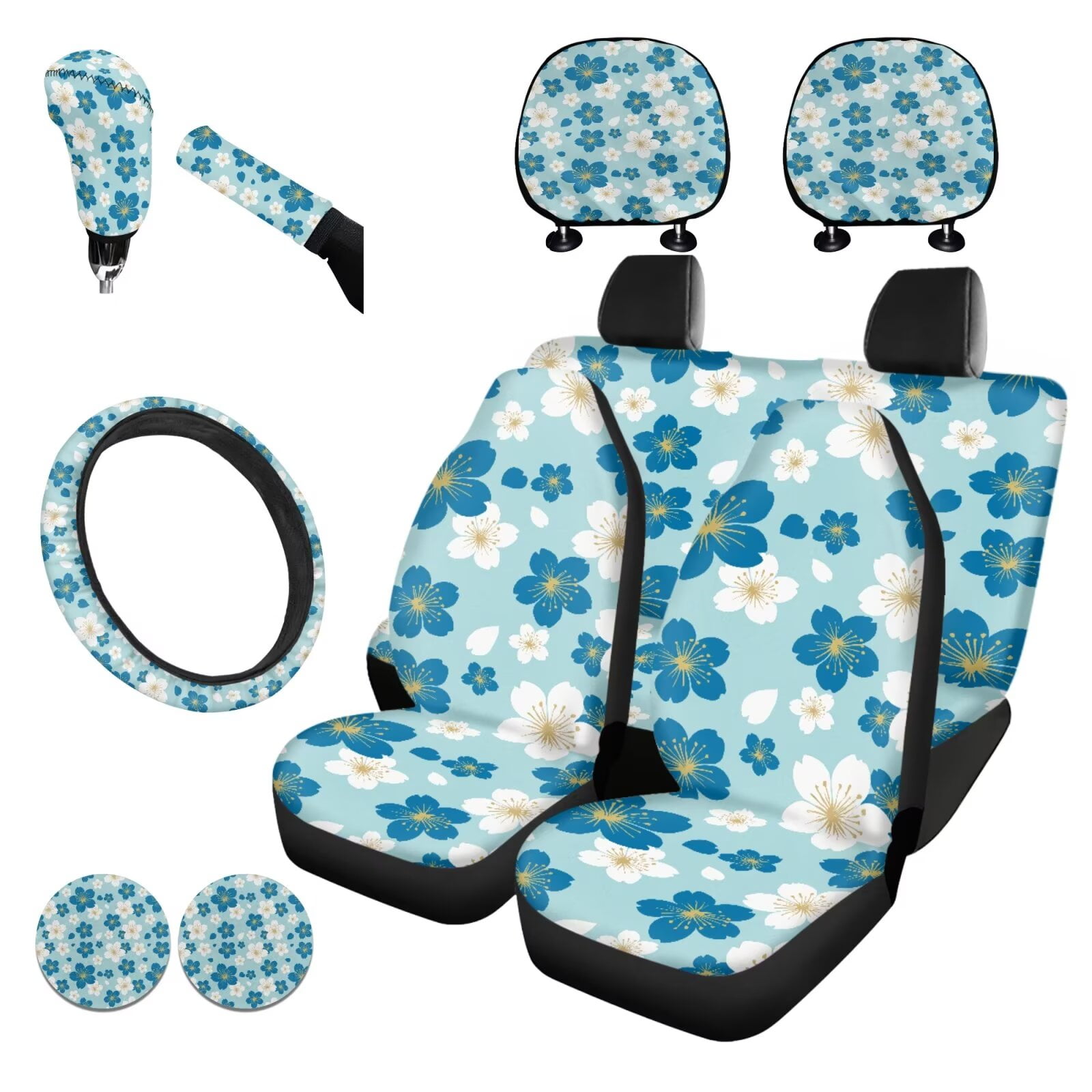 Garronmavis Blue Cute Flower Car Seat Covers Full Set, Breathable Air Polyester Car Seat Cover, Steering Wheel Cover Gear Shift Cover Handbrake Cover Headrest Cover Cup Coasters Universal Fit