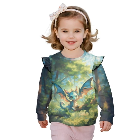 Garronmavis Blue Dragon Pullover Sweatshirt 2T Warm Long Sleeve Pullover Crewneck Tops Shirts Versatile Ruffle Long Sleeve Girls Top Stylish Fall Winter Clothes Fashion for Young Girls