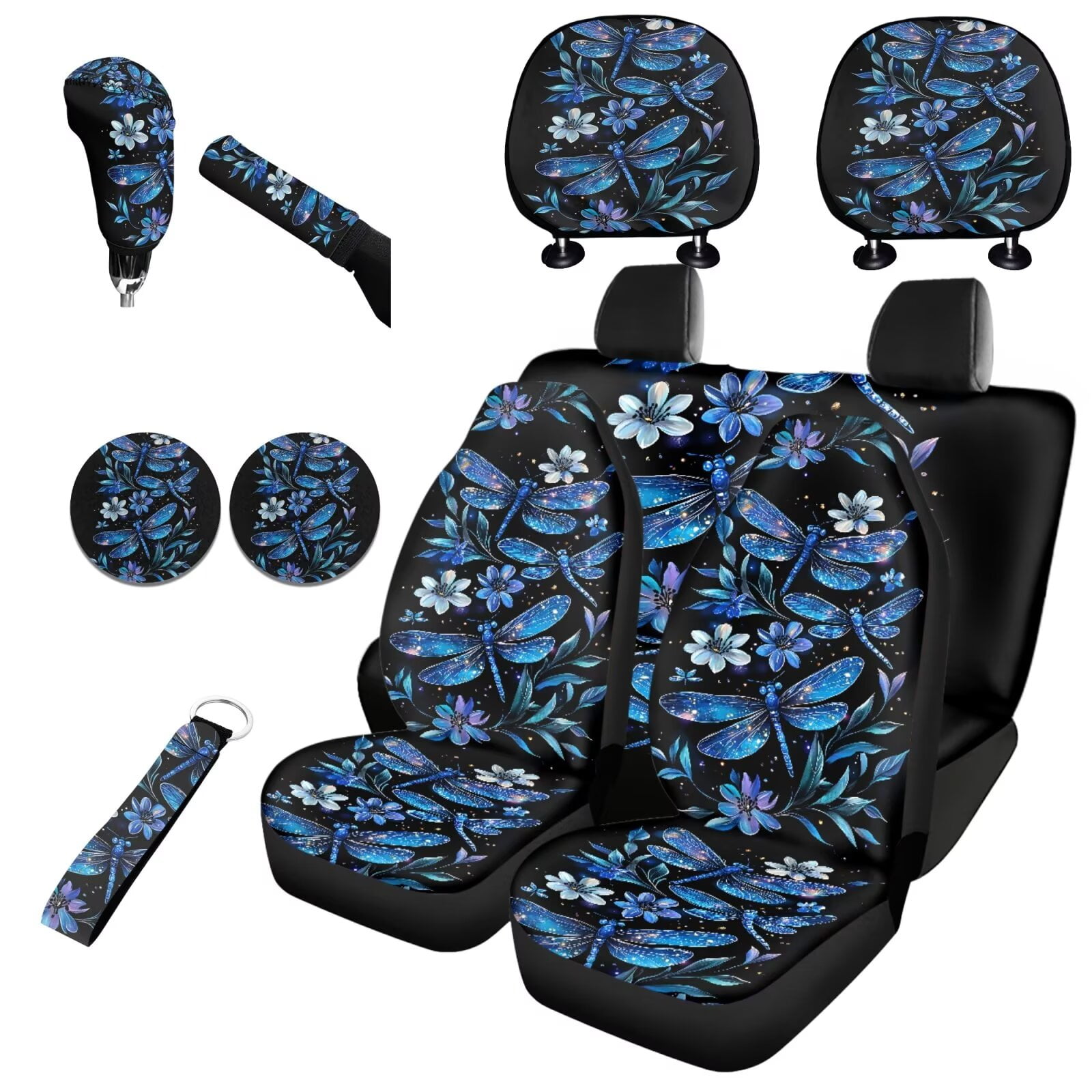 Garronmavis Blue Dragonfly Print 11 Pack Car Seat Covers Full Set Easy to Install and Clean with Cars Headrest Protectors+Wristlet Keychain+Auto Cup Coaster+Handbrake Gear+Shift Knob Cover