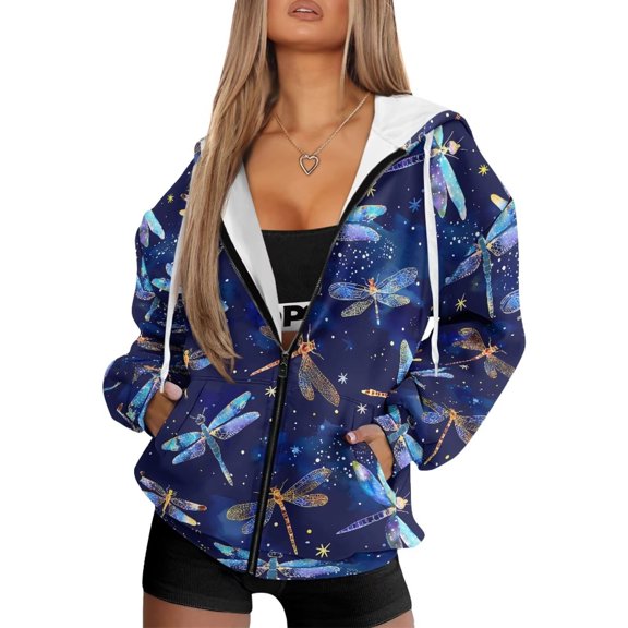 Garronmavis Blue Dragonfly Women Full Zip Up Hoodies L Comfortable Warm Women's Long Sleeve Sweatshirts Oversized Versatile Fall Sweaters Hoodies Zip Up Pullover Shirts Clothes