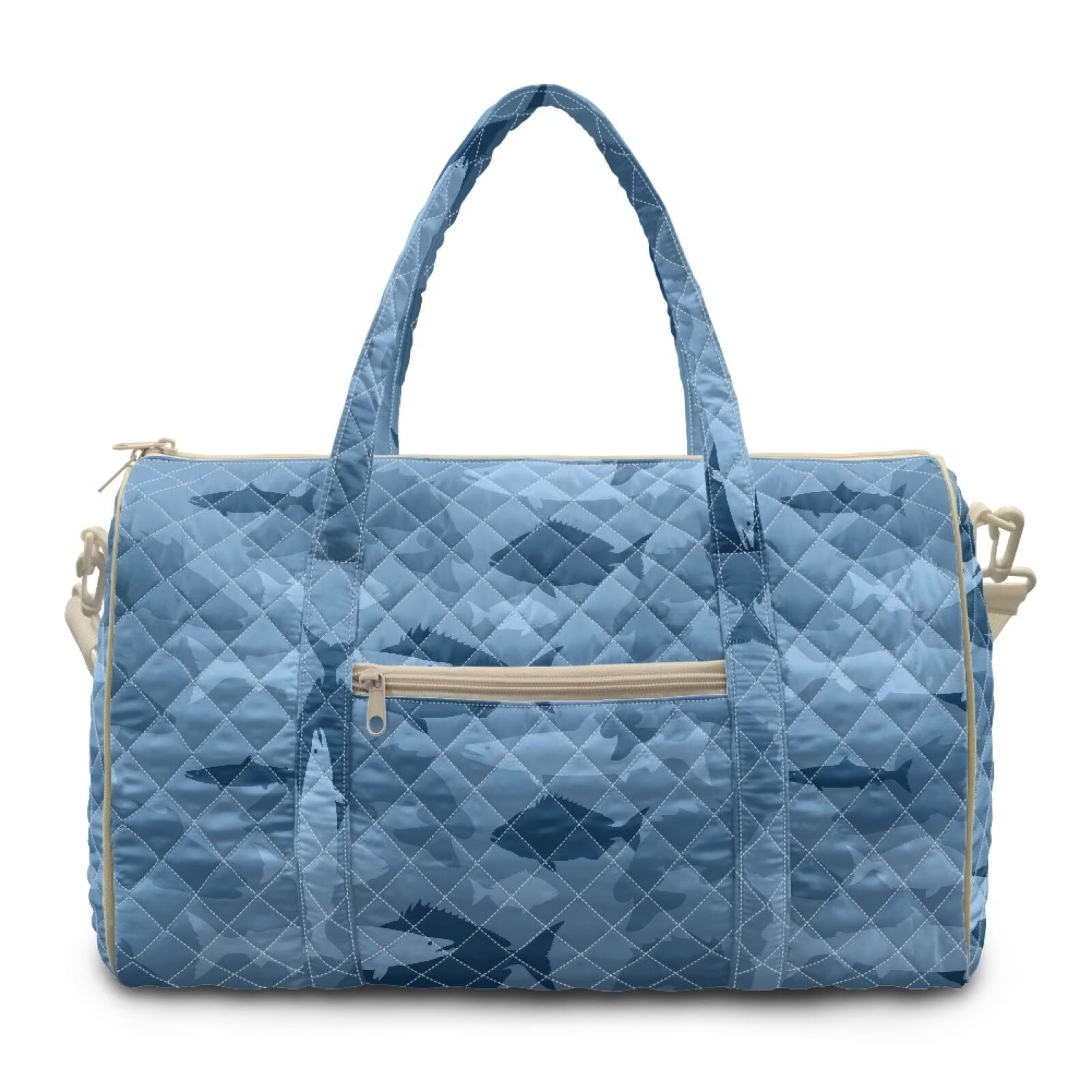 Garronmavis Blue Fish Print Large Quilted Duffle Bag for Women, Weekender Travel Bag Carry On Bag with Zipper Pockets, Lightweight Gym Overnight Tote for Travel, Work, Dance Trips