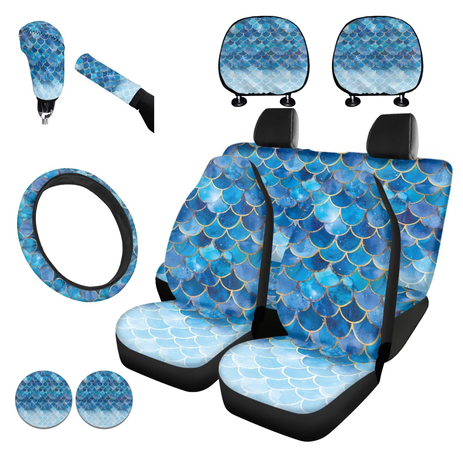 Garronmavis Blue Fish scale Car Assecories, Include Steering Wheel Cover Gear Shift Cover Handbrake Cover Headrest Cover Cup Coasters for Women Men Car Interior Decor for Sedan SUV Truck