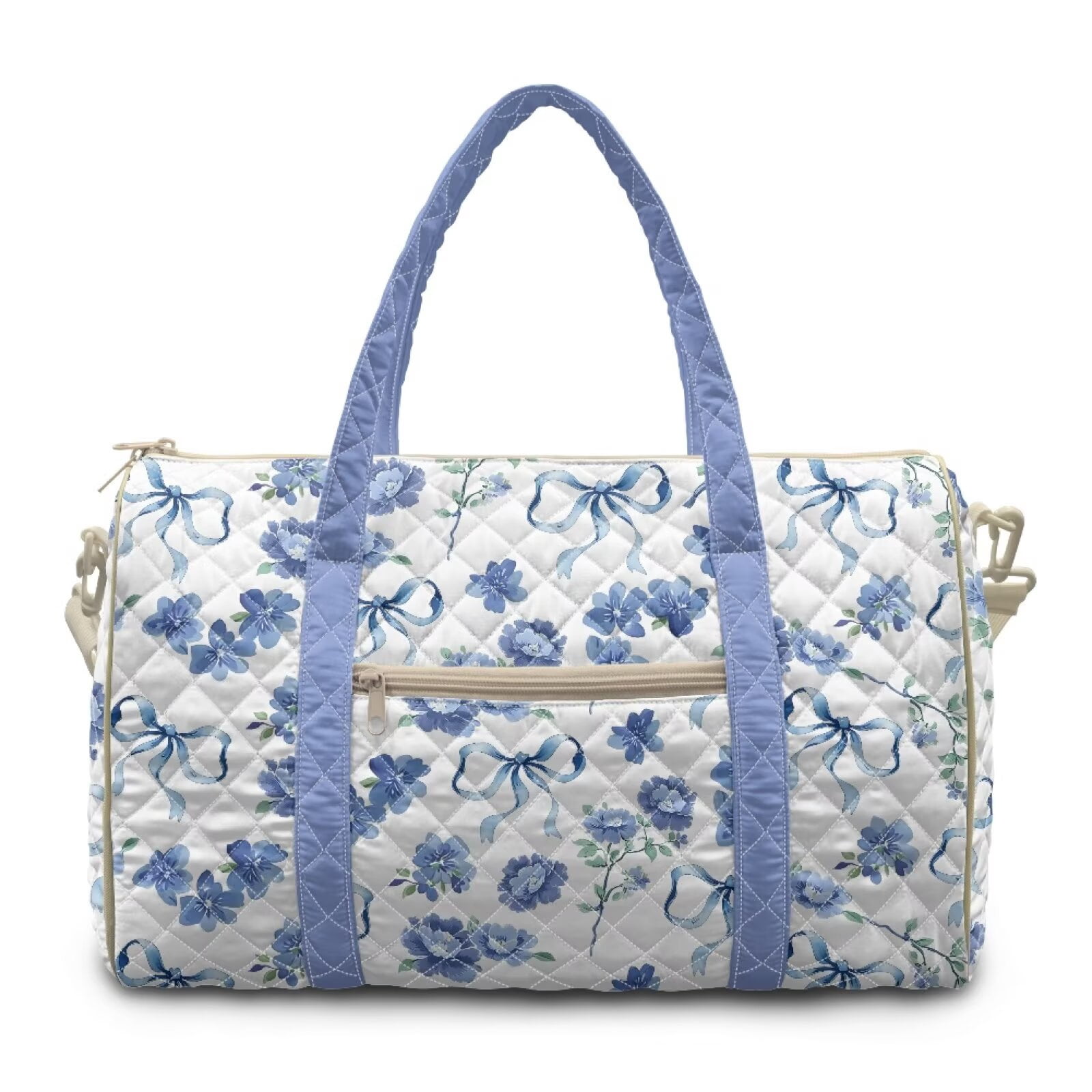 Garronmavis Blue Floral Bow Print Large Quilted Duffle Bag for Women, Weekender Bag Travel Carry On Bag with Zipper Pockets, Cute Overnight Gym Dance Tote Bag