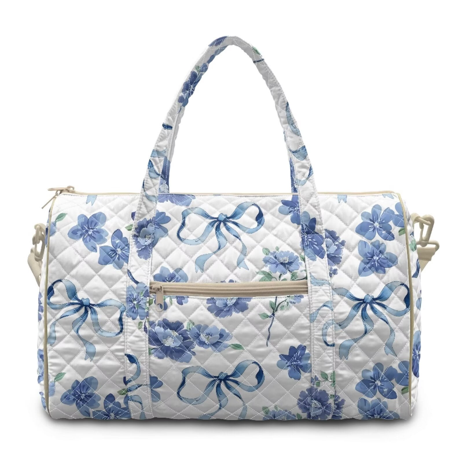 Garronmavis Blue Floral Bow Quilted Large Duffel Bag for Women, Carry On Weekender Bag Overnight Travel Bag with Luggage Sleeve, Adjustable Shoulder Strap
