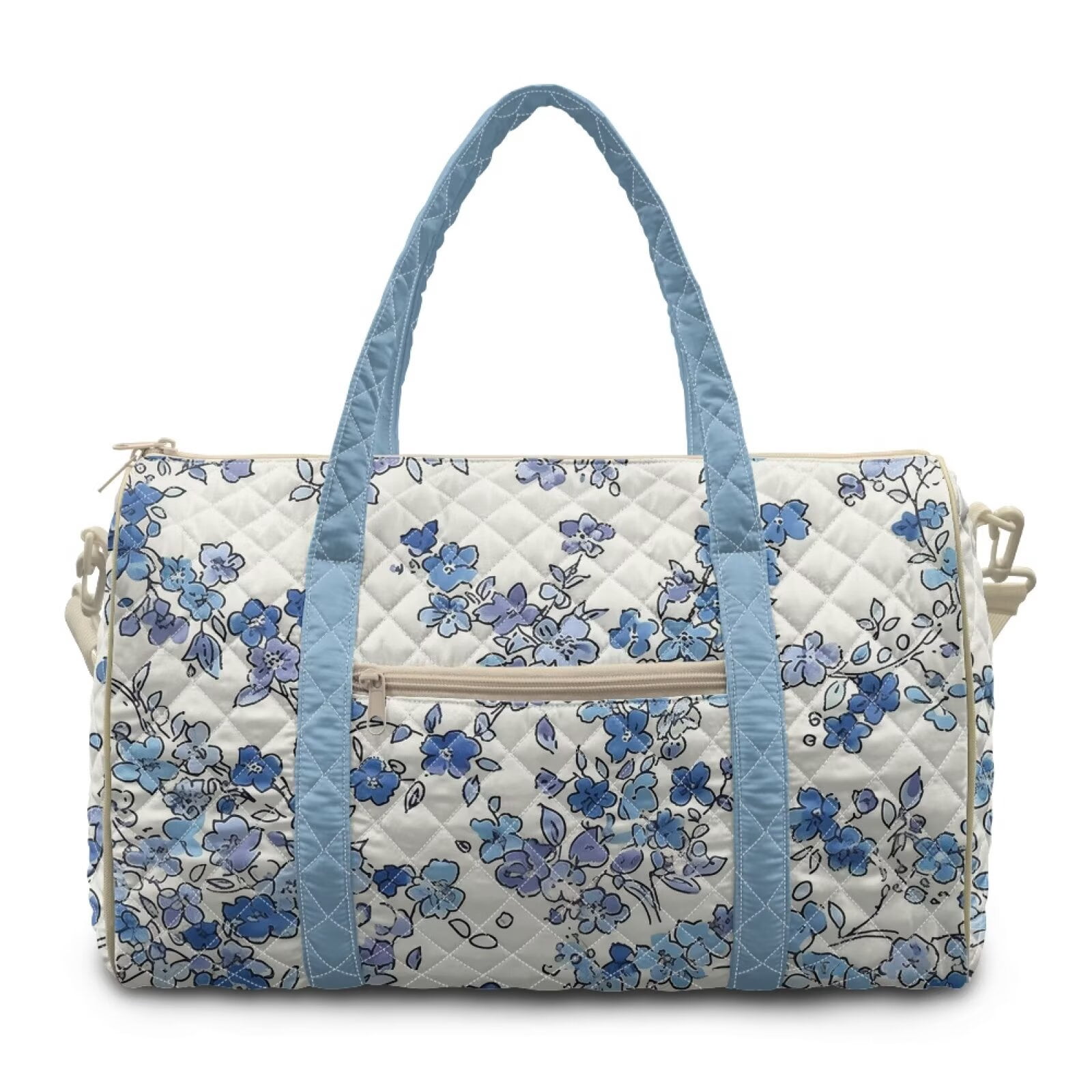 Garronmavis Blue Floral Large Quilted Duffle Bag for Women, Weekender Bag Carry On Travel Overnight Gym Dance Bag with Pockets, Lightweight Airline Approved Luggage Tote