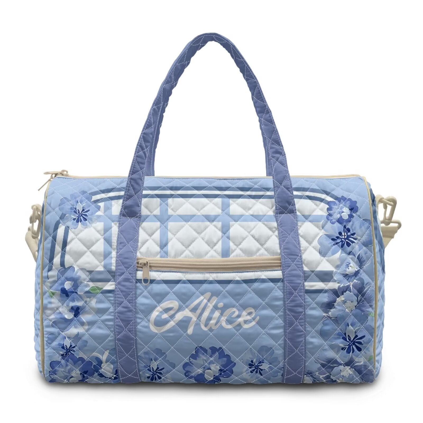 Garronmavis Blue Floral Large Quilted Duffle Bag for Women Carry On Weekender Bag Travel Bag Shoulder Gym Dance Overnight Tote with Zipper Pockets