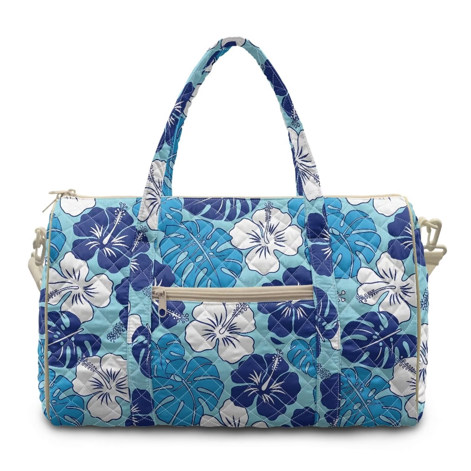 Garronmavis Blue Floral Print Quilted Duffle Bag for Women, Large Weekender Overnight Gym Bag with Luggage Sleeve, Carry On Travel Bag for Airplane Trips