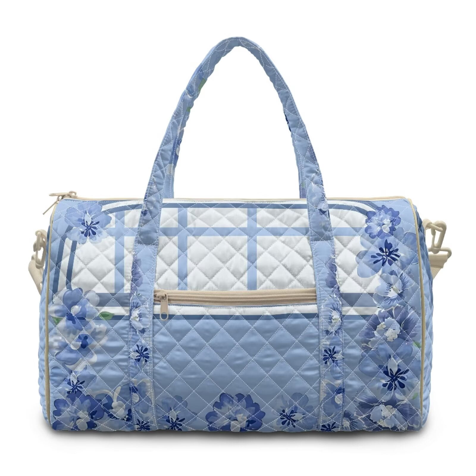 Garronmavis Blue Floral Quilted Large Duffle Bag for Women, Carry On Weekender Overnight Travel Gym Bag with Luggage Sleeve, Lightweight Puffer Shoulder Bag for Airplane Trips