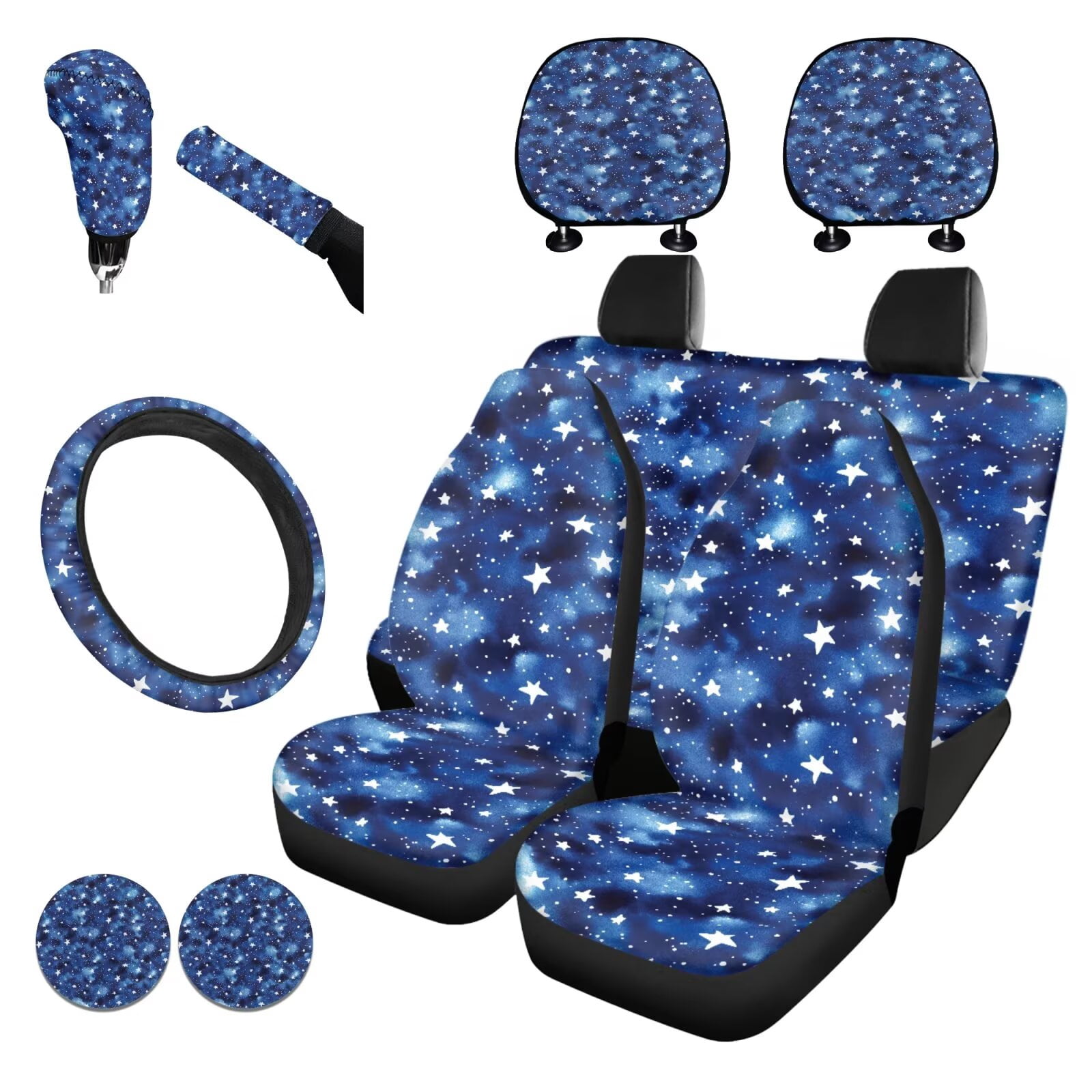 Garronmavis Blue Galaxy Star 11 PCS Car Seat Covers Full Set for Women Men Steering Wheel Cover Gear Shift Cover Handbrake Cover Headrest Cover Cup Coasters Automotive Interior Universal