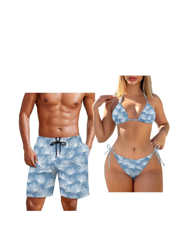 Blue Leaves Matching Couples Swimsuits Bikini Sets for Women Sexy Triangle Swimwear Brazilian Cheeky Bathing Suits and Men Swimming Trunk Beach Shorts