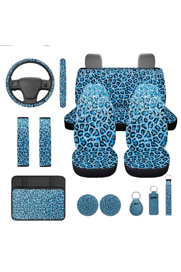 Blue Leopard Car Seat Cover Set 13 Piece Car Accessories Seat Belt Pad Armrest Cover Pad Steering Wheel Cover Key Fob Lipstick Cover Coaster Protective Cover