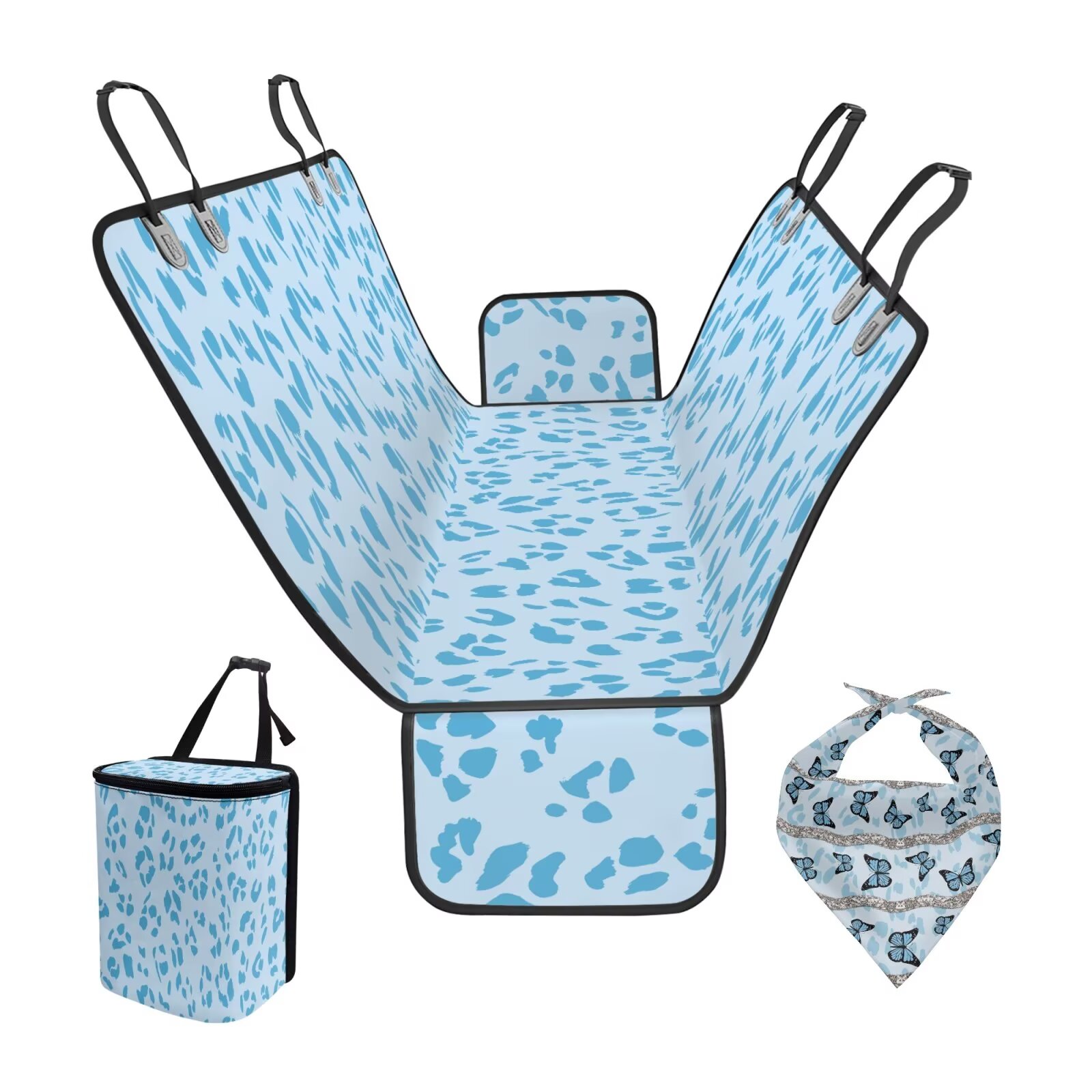 Garronmavis Blue Leopard Print 3 Pcs Car Accessories Set Dog Car Seat Cover for Back Seat Dog Bandanas Car Trash Can Large Capacity Multipurpose Dog Hammock for Car