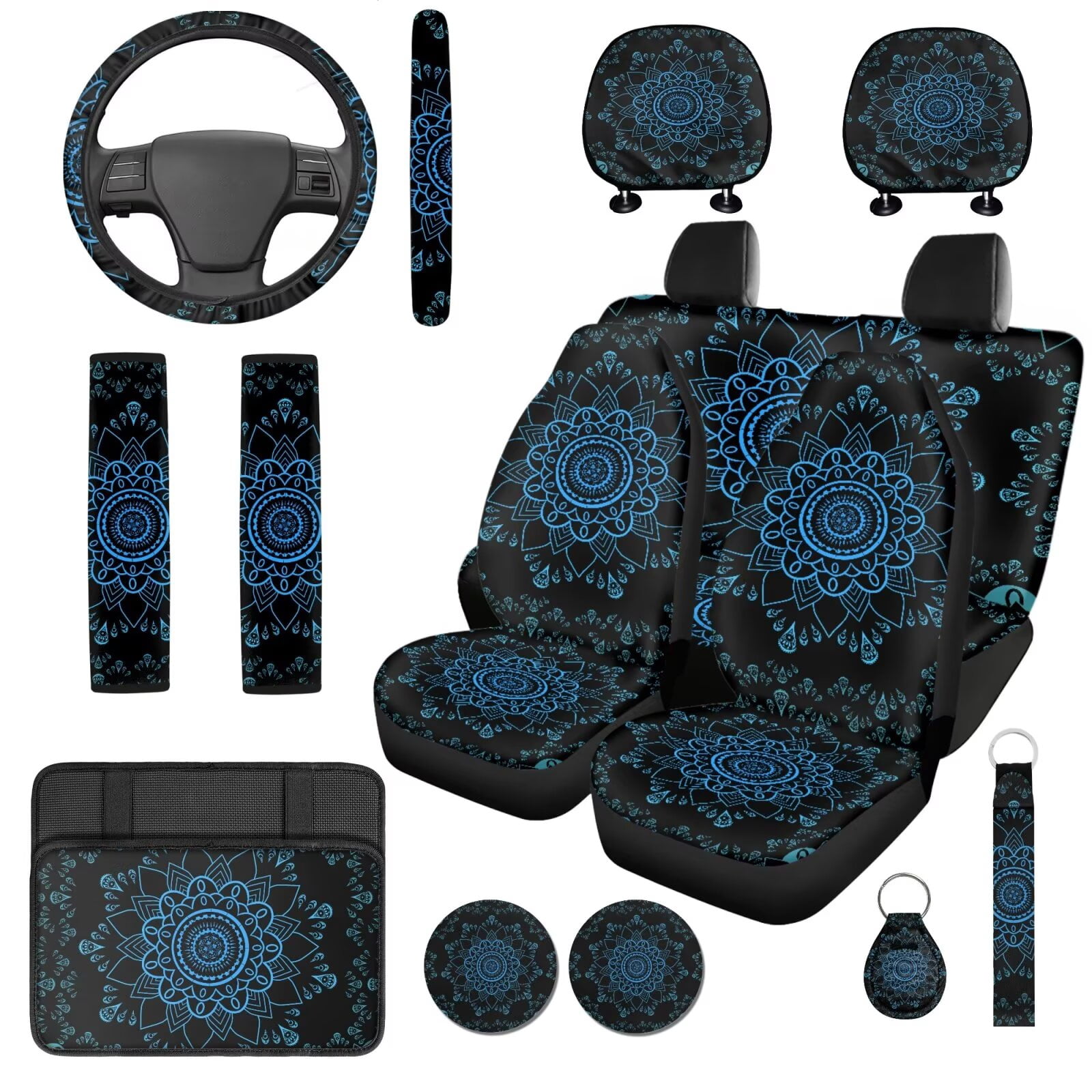 Garronmavis Blue Mandala 14 Pcs Car Seat Covers Set with Headrest Protector Car Steering Wheel Cover Auto Armrest Cover and Car Seat Belt Covers Easy to Install Universal Cars SUV Accessories