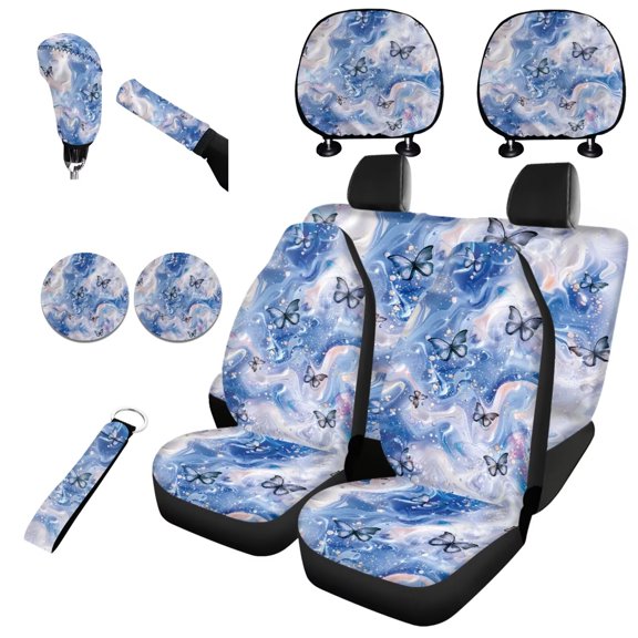 Garronmavis Blue Marble Butterfly Car Seat Covers Full Set for Interior Car Seat Protector with Cars Headrest Protectors Wristlet Keychain Auto Cup Coaster Handbrake Gear Shift Knob Cover