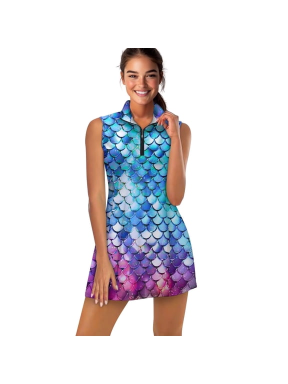 Blue Mermaid Scale Women's Tennis Dress Size L Sleeveless Casual Golf Dress Half Zip Collared Athletic Hiking Running Workout Dresses