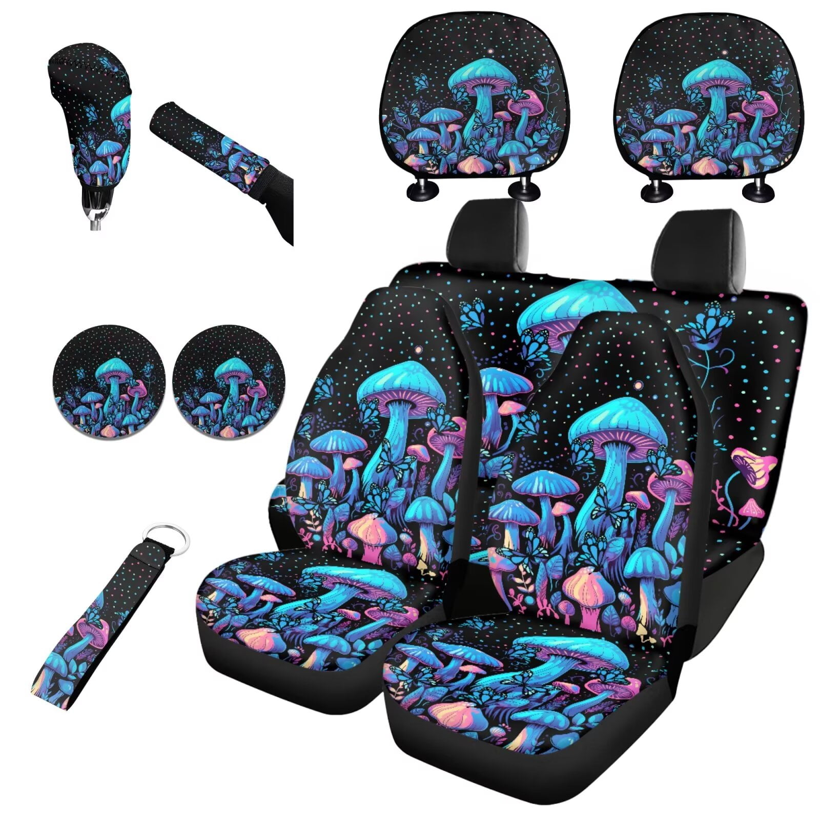 Garronmavis Blue Mushroom Car Seat Covers Full Set Breathable Auto Interior Protector with Cars Headrest Protectors+Wristlet Keychain+Auto Cup Coaster+Handbrake Gear+Shift Knob Cover