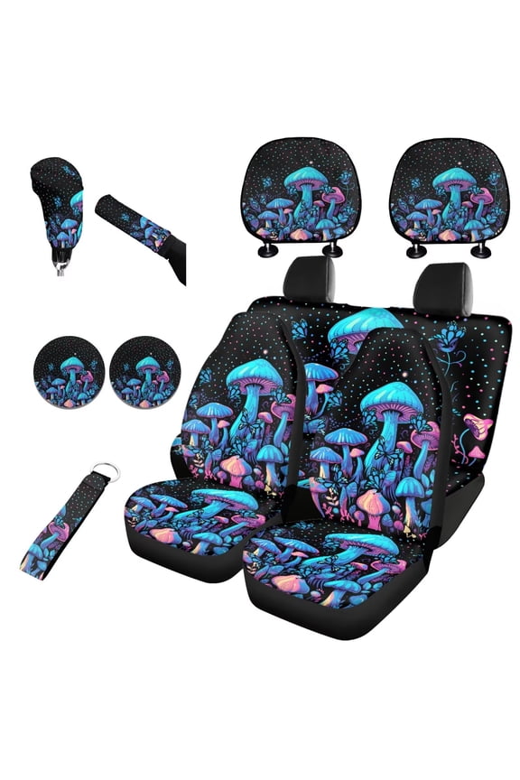 Blue Mushroom Car Seat Covers Full Set Breathable Auto Interior Protector with Cars Headrest Protectors+Wristlet Keychain+Auto Cup Coaster+Handbrake Gear+Shift Knob Cover