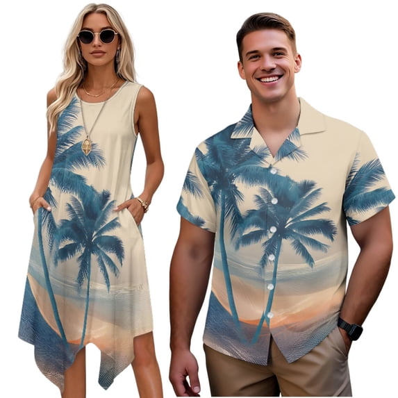 Garronmavis Blue Palm Tree Matching Summer Outfits for Couples Polyester Summer Beach Shirts Size 7XL and Womens Sleeveless Dress Beach Dress with Pocket