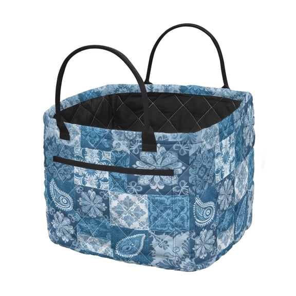 Garronmavis Blue Patchwork Quilted Laundry Basket with Handles, Foldable Large Capacity Fabric Laundry Hamper Decorative Storage Bin for Bedroom, Nursery, Bathroom