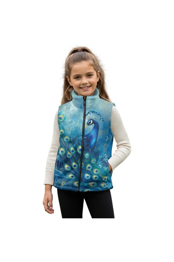 Blue Peacock Zippered Vest Stylish Girls Zip Up Vests Lightweight Sleeveless Jackets Outerwear with Pockets Fashion Fall Winter Warm Sleeveless Outerwear for Girls 11-12