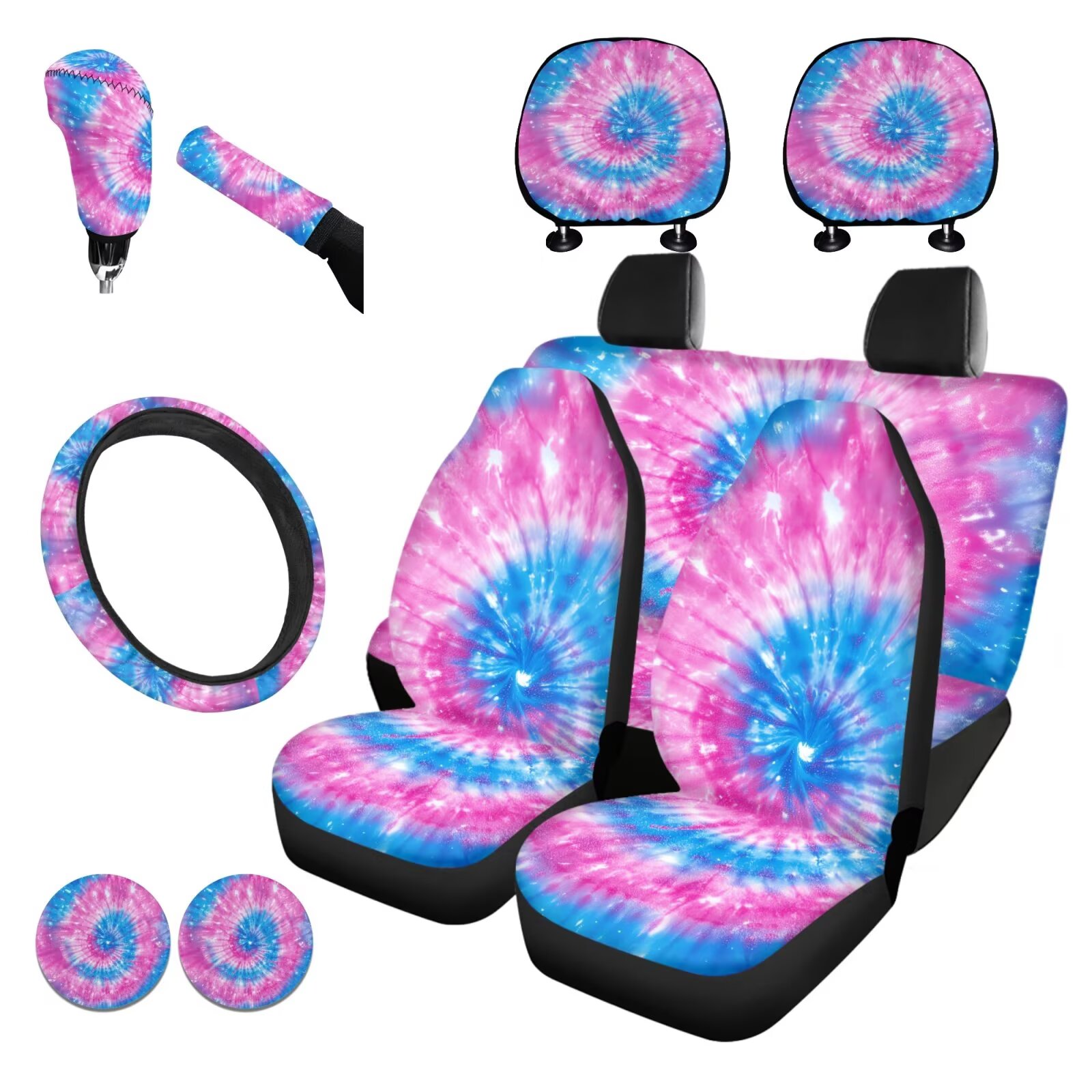 Garronmavis Blue & Pink Dye-Tie Car Seat Covers Full Set Universal Fit Most Vehicle Decor Interior with Steering Wheel Wrap Gear Shift Cover Handbrake Sleeve Headrest Protectors Cup Coaster