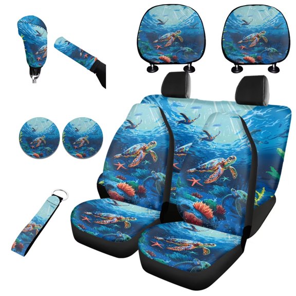 Garronmavis Blue Sea Turtle Car Seat Cover Set Pack 11 Pcs for Sedan Van Truck with Full Surround Auto Headrest Cover Handbrake Gear Shift Knob Cover Auto Cup Coaster Wristlet Keychain
