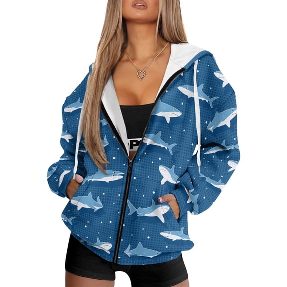 Garronmavis Blue Shark Oversized Sweatshirt for Women Size S Loose Comfy Zip Up Hoodies for Women Casual Trendy Long Sleeve Sweatshirts with Pocket