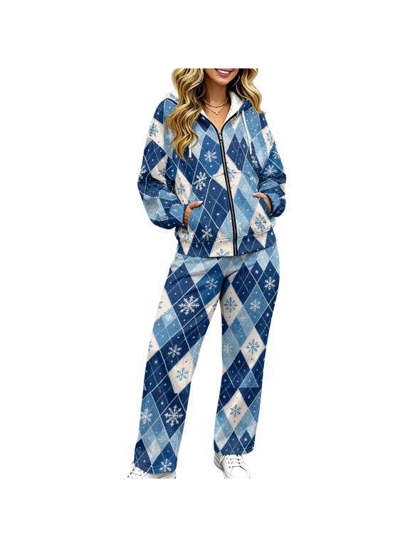 Blue Snow Argyle Women's 2 Piece Outfits Autumn Full Zip Hooded Relaxed Wide Leg Pants Winter Cozy Loungewear Casual Walking Athletic Jogger Sets with Pockets, XS