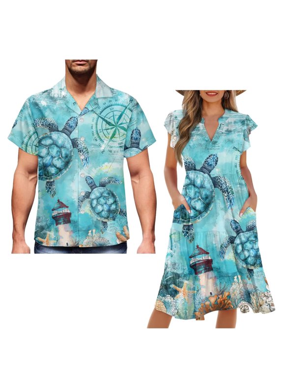 Blue Turtle Couples Matching Outfits Men's Short Sleeve Shirt Soft Workwear Hawaiian Blouse Tops and Flowy Womens Midi Dress A-Line Summer Beach Sundress Size 2XL
