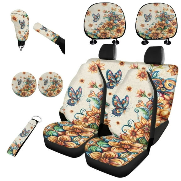 Garronmavis Boho Butterfly Car Seat Covers Set 11 Pcs with Auto Headrest Cover Handbrake Gear Shift Knob Cover Auto Cup Coaster Wristlet Keychain Easy to Install and Clean Seat Protectors