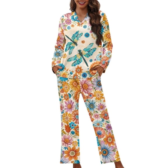 Garronmavis Boho Dragonfly Pajama for Women 2-Piece Long Sleeve Shirt and Pajama Pants Womens 2 Piece Lounge Sets Woman Sleepwear Loungewear with Pocket