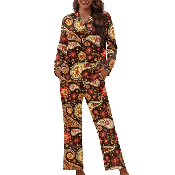 Garronmavis Boho Floral 2 Piece Pajama Set Long Sleeve Button-Down Sleepwear Soft Comfy PJS Casual V Neck Lounge Sets Loungewear Sleep Clothes