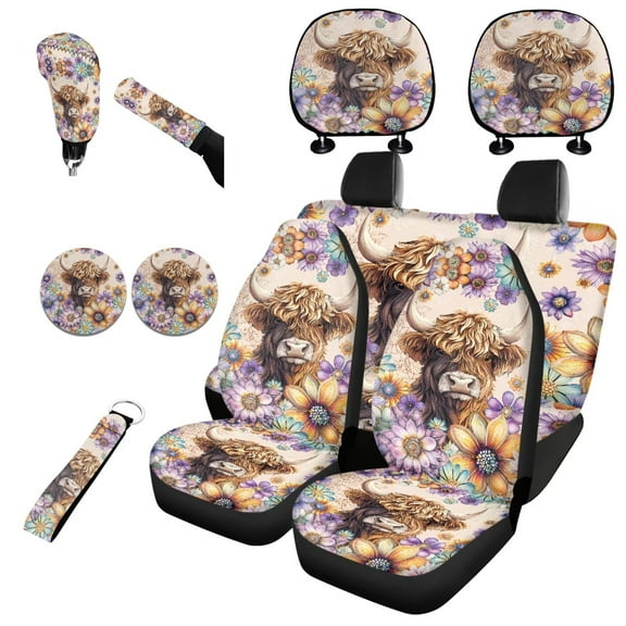 Garronmavis Boho Hifghland Cow Auto Seat Cover Set of 11 Easy to Install Interior Protector with Auto Headrest Cover Handbrake Gear Shift Knob Cover Auto Cup Coaster Wristlet Keychain