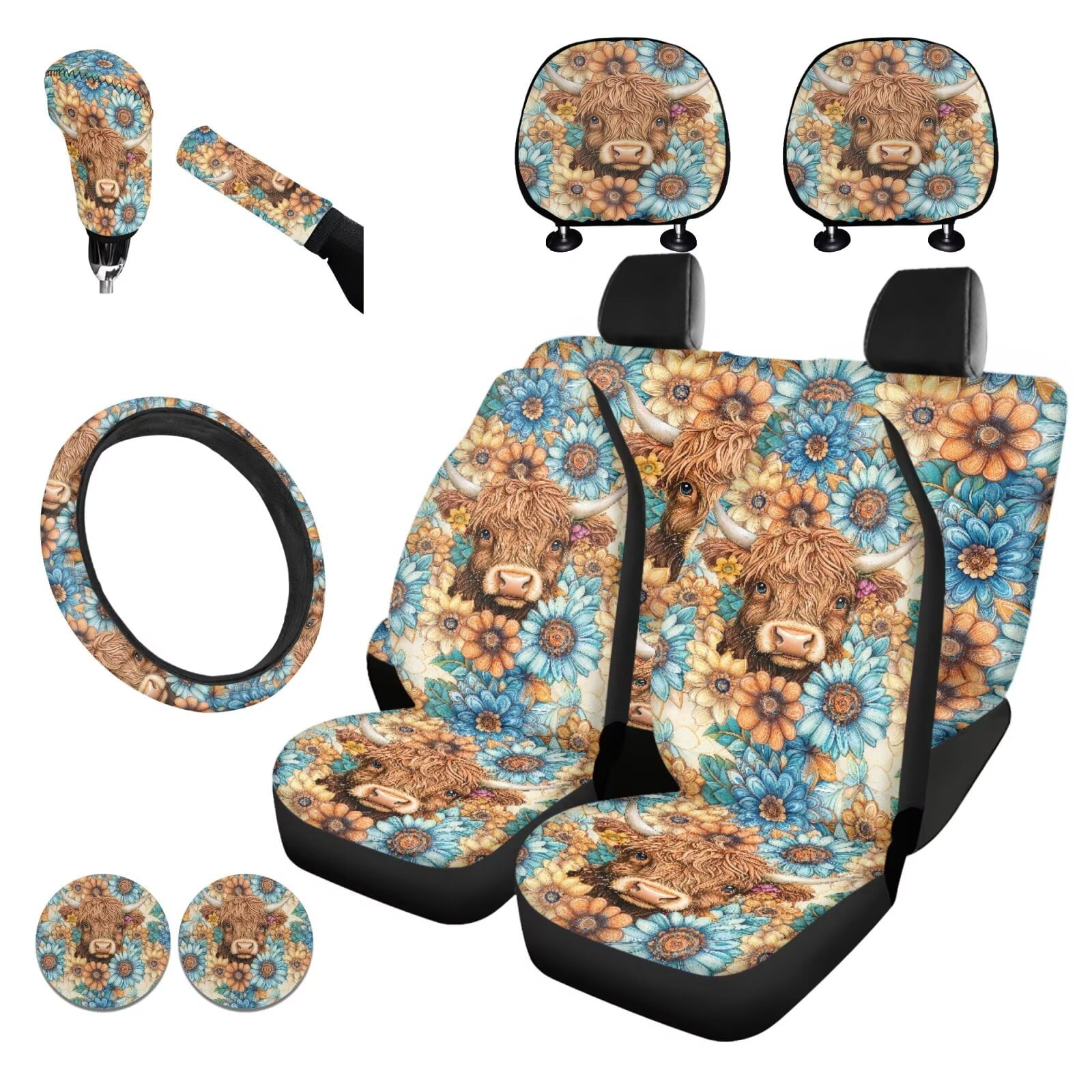 Garronmavis Boho Highland Cow Car Accessories Set with Steering Wheel Wrap Gear Shift Cover Handbrake Sleeve Headrest Protectors Cup Coasters Vehicle Cushion Protectors Interior Accessories