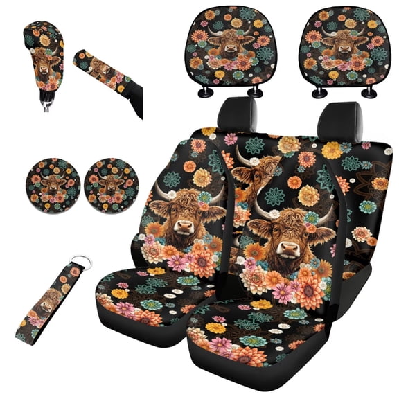 Garronmavis Boho Highland Cow Car Seat Covers Full Set with Cars Headrest Protectors Wristlet Keychain Auto Cup Coaster Handbrake Gear Shift Knob Cover Easy to Install Seat Protectors