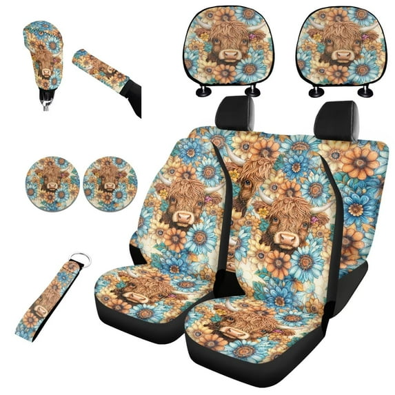 Garronmavis Boho Highland Cow Polyester Car Seat Covers Set Fit for Most Sedan Van Truck with Auto Headrest Cover+Handbrake Gear+Shift Knob Cover+Auto Cup Coaster+Wristlet Keychain