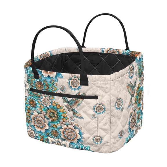 Garronmavis Boho Hummingbird Floral Quilted Laundry Hamper with Handles, Foldable Large Capacity Decorative Fabric Storage Basket for Bedroom, Nursery, Bathroom