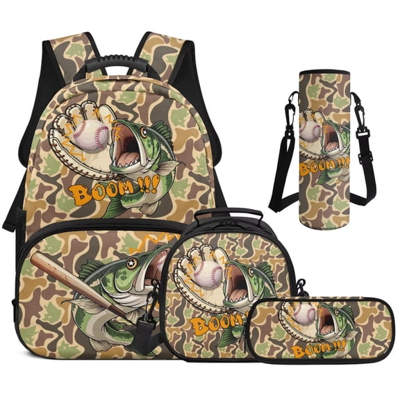 Garronmavis Boom Bass Fish Kids Boys Backpack Set, 4-Piece School Bag Set Includes Backpack, Lunch Bag, Pencil Case, Water Holder Case, Breathable Daypack with Front Pocket for Primary School