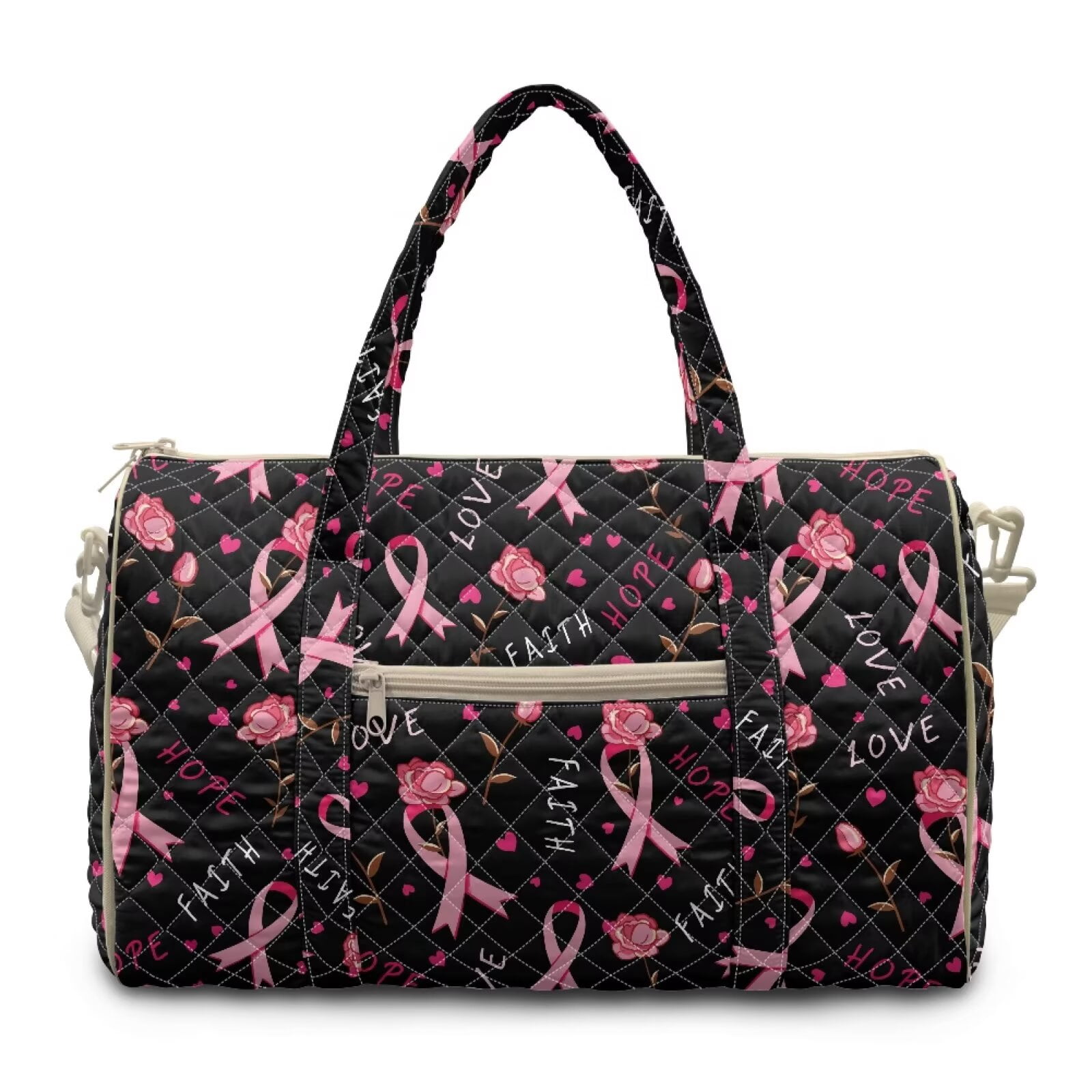 Garronmavis Breast Cancer Awareness Large Quilted Duffle Bag for Women, Pink Ribbon Floral Weekender Travel Bag Carry On Overnight Gym Dance Tote with Luggage Sleeve